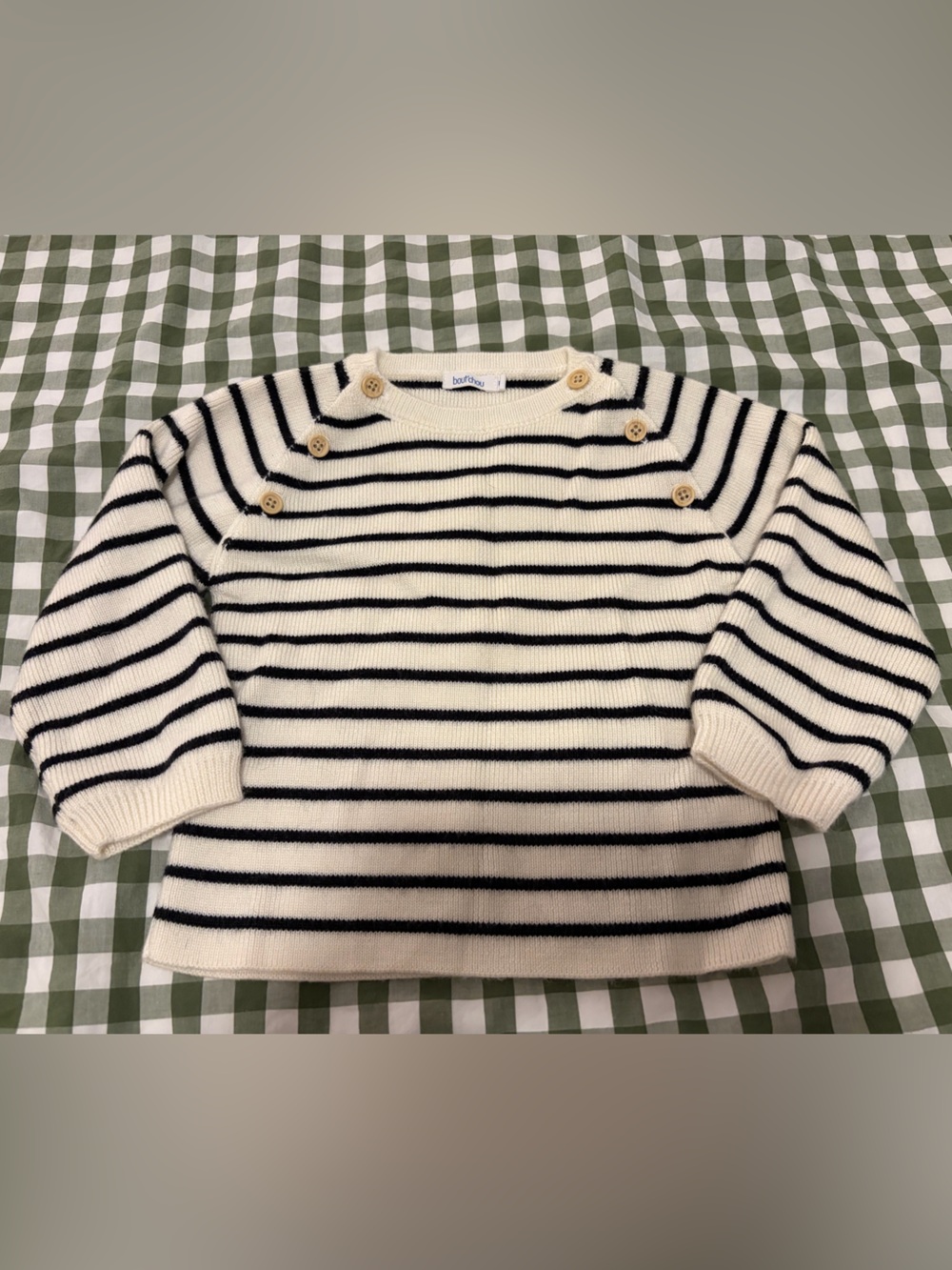 French brand bout’chou Navy and Cream Striped Button-Shoulder Kids Sweater